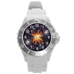 Beautiful Orange Star Lily Fractal Flower At Night Round Plastic Sport Watch (l) by jayaprime