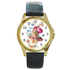 Fleur Vintage Floral Painting Round Gold Metal Watch by Celenk