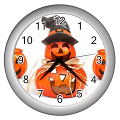 Funny Halloween Pumpkins Wall Clocks (silver)  by gothicandhalloweenstore