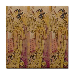 Japanese Geisha With Cat Illustration Tile Coasters by paulaoliveiradesign