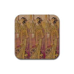 Japanese Geisha With Cat Illustration Rubber Coaster (square)  by paulaoliveiradesign