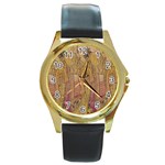 Japanese Geisha with Cat illustration Round Gold Metal Watch Front