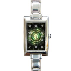 Green Chaos Clock, Steampunk Alchemy Fractal Mandala Rectangle Italian Charm Watch by jayaprime