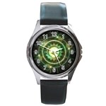 Green Chaos Clock, Steampunk Alchemy Fractal Mandala Round Metal Watch Front