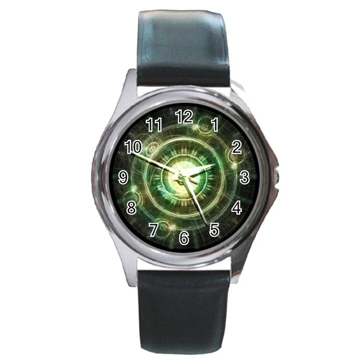 Green Chaos Clock, Steampunk Alchemy Fractal Mandala Round Metal Watch