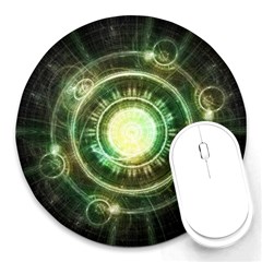 Green Chaos Clock, Steampunk Alchemy Fractal Mandala Round Mousepads by jayaprime