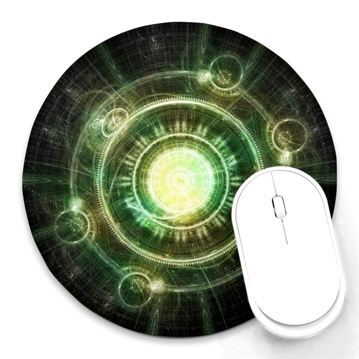 Green Chaos Clock, Steampunk Alchemy Fractal Mandala Round Mousepads