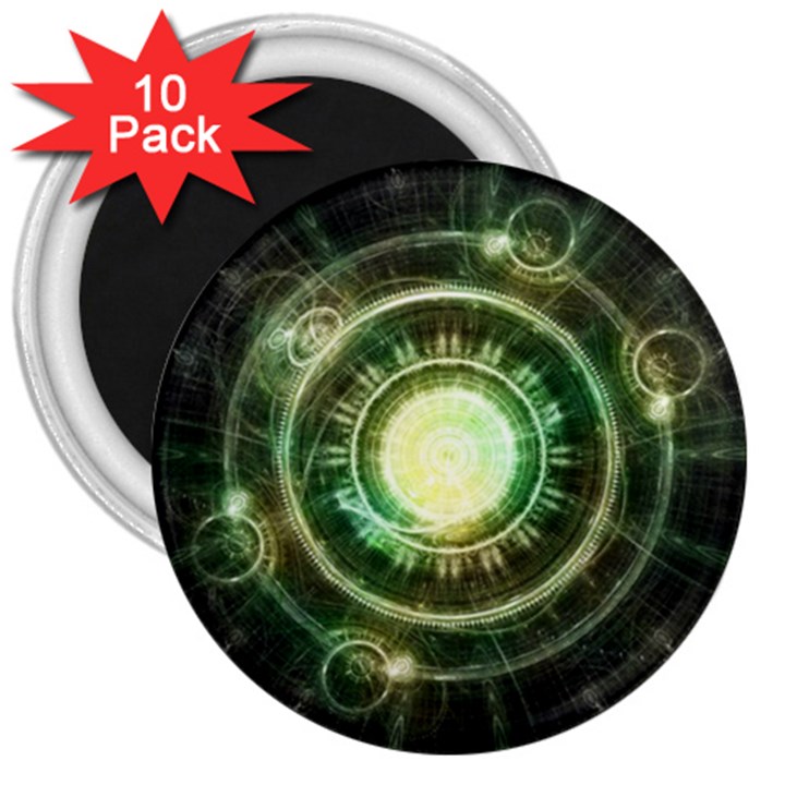 Green Chaos Clock, Steampunk Alchemy Fractal Mandala 3  Magnets (10 pack) 