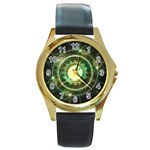 Green Chaos Clock, Steampunk Alchemy Fractal Mandala Round Gold Metal Watch Front