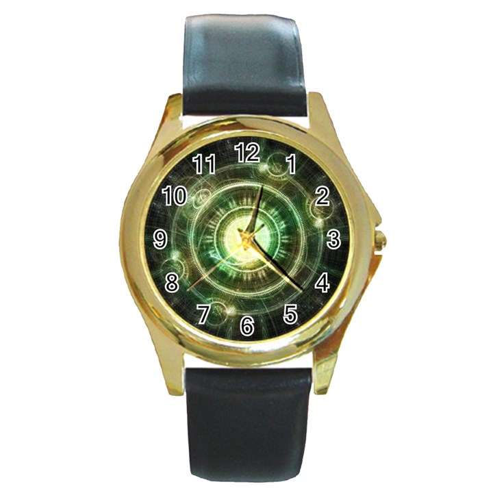 Green Chaos Clock, Steampunk Alchemy Fractal Mandala Round Gold Metal Watch