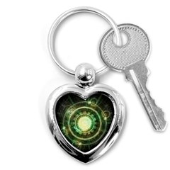 Green Chaos Clock, Steampunk Alchemy Fractal Mandala Key Chains (heart)  by jayaprime