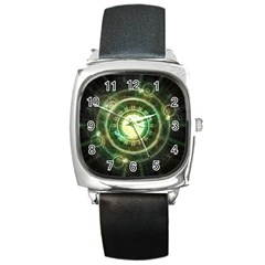 Green Chaos Clock, Steampunk Alchemy Fractal Mandala Square Metal Watch by jayaprime