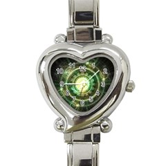 Green Chaos Clock, Steampunk Alchemy Fractal Mandala Heart Italian Charm Watch by jayaprime