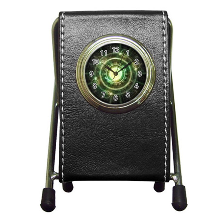 Green Chaos Clock, Steampunk Alchemy Fractal Mandala Pen Holder Desk Clocks