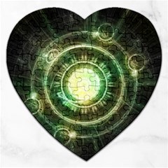 Green Chaos Clock, Steampunk Alchemy Fractal Mandala Jigsaw Puzzle (heart) by jayaprime