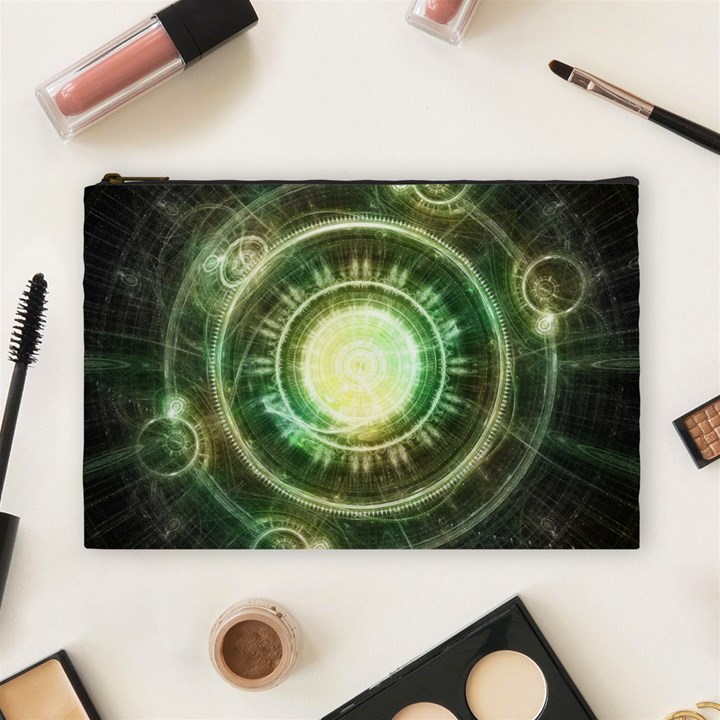 Green Chaos Clock, Steampunk Alchemy Fractal Mandala Cosmetic Bag (Large) 