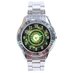 Green Chaos Clock, Steampunk Alchemy Fractal Mandala Stainless Steel Analogue Watch by jayaprime