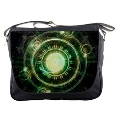 Green Chaos Clock, Steampunk Alchemy Fractal Mandala Messenger Bags by jayaprime