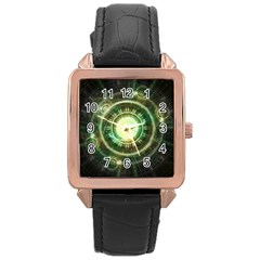 Green Chaos Clock, Steampunk Alchemy Fractal Mandala Rose Gold Leather Watch  by jayaprime