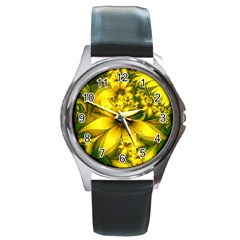 Beautiful Yellow-green Meadow Of Daffodil Flowers Round Metal Watch by jayaprime