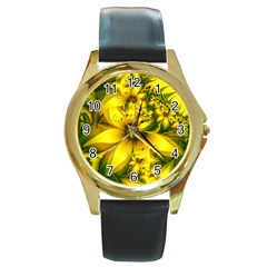 Beautiful Yellow-green Meadow Of Daffodil Flowers Round Gold Metal Watch by jayaprime