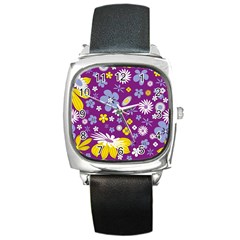 Floral Flowers Square Metal Watch by Celenk