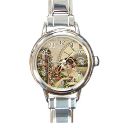 French Vintage Girl Roses Clock Round Italian Charm Watch by Celenk