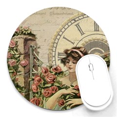 French Vintage Girl Roses Clock Round Mousepads by Celenk