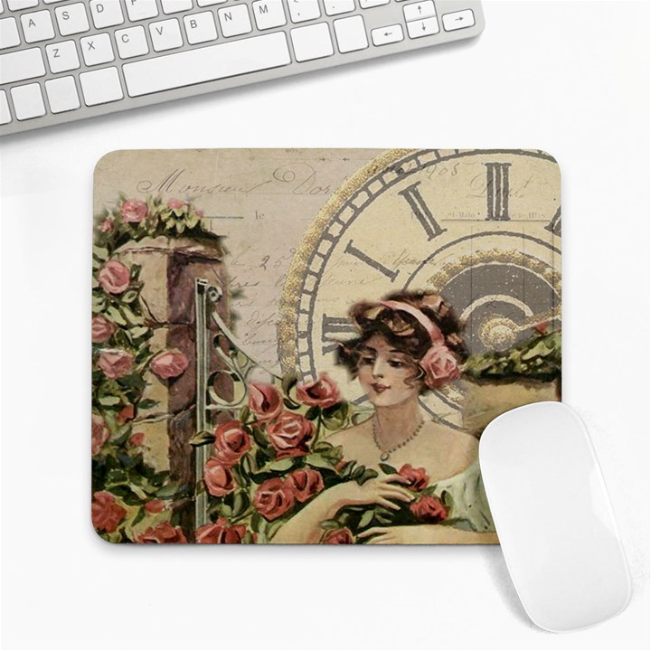 French Vintage Girl Roses Clock Large Mousepads