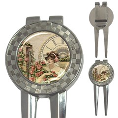 French Vintage Girl Roses Clock 3-in-1 Golf Divots by Celenk