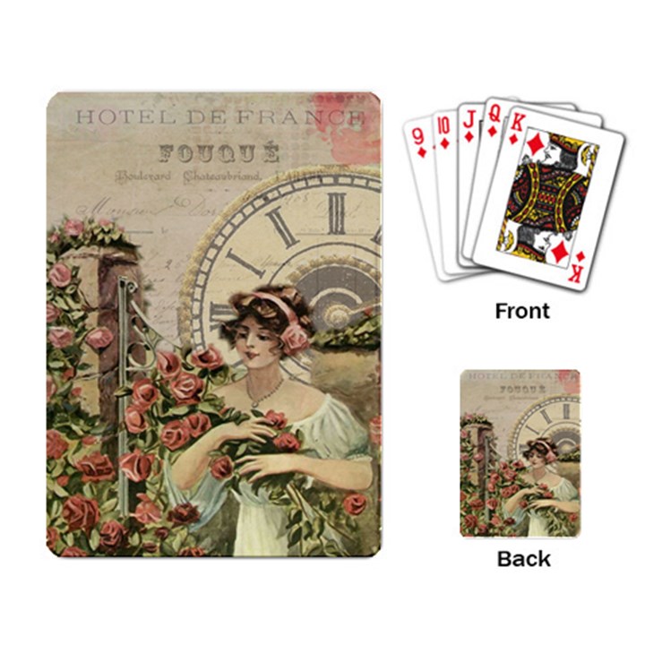 French Vintage Girl Roses Clock Playing Card