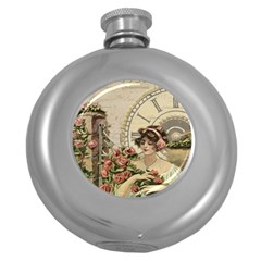 French Vintage Girl Roses Clock Round Hip Flask (5 Oz) by Celenk