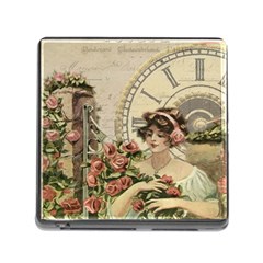 French Vintage Girl Roses Clock Memory Card Reader (square) by Celenk