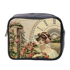 French Vintage Girl Roses Clock Mini Toiletries Bag 2-side by Celenk