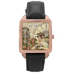 French Vintage Girl Roses Clock Rose Gold Leather Watch  by Celenk