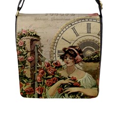 French Vintage Girl Roses Clock Flap Messenger Bag (l)  by Celenk