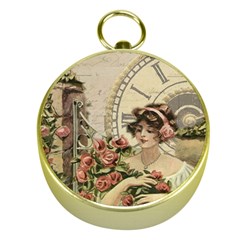 French Vintage Girl Roses Clock Gold Compasses by Celenk