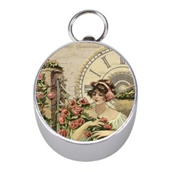 French Vintage Girl Roses Clock Mini Silver Compasses by Celenk