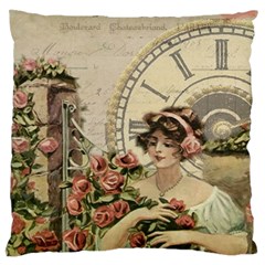 French Vintage Girl Roses Clock Large Flano Cushion Case (two Sides) by Celenk