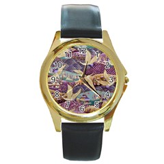 Textile Fabric Cloth Pattern Round Gold Metal Watch by Celenk