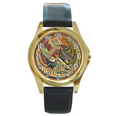 Wings Feathers Cubism Mosaic Round Gold Metal Watch by Celenk