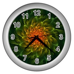 Beautiful Orange-green Desert Cactus Fractalspiral Wall Clocks (silver)  by jayaprime