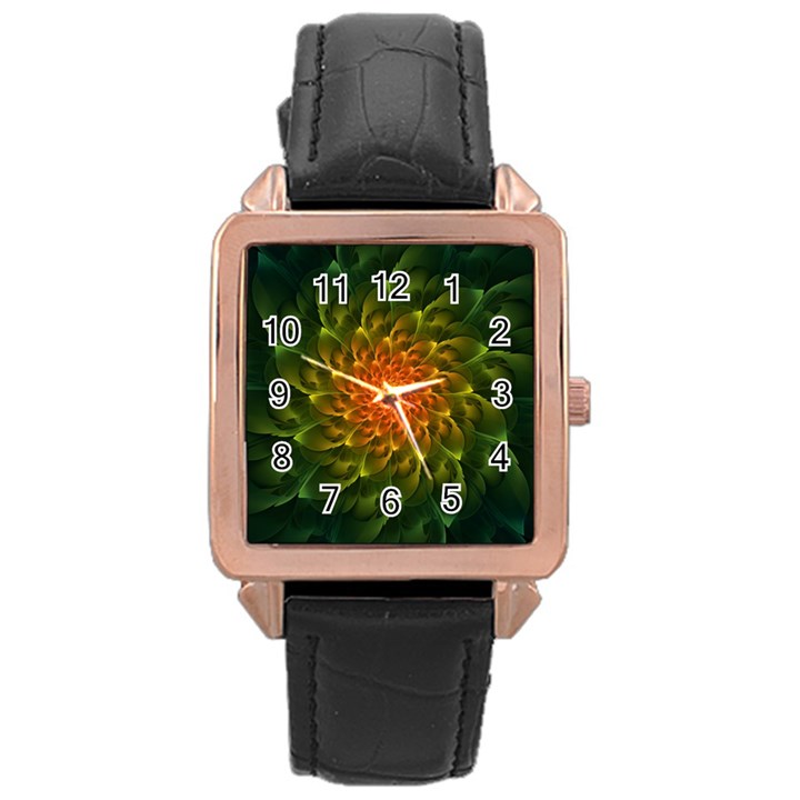 Beautiful Orange-Green Desert Cactus Fractalspiral Rose Gold Leather Watch 