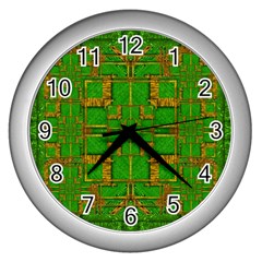 Golden Green And  Sunshine Pop Art Wall Clocks (silver)  by pepitasart