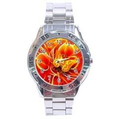 Arrangement Butterfly Aesthetics Orange Background Stainless Steel Analogue Watch by Celenk