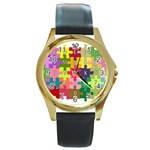 Puzzle Part Letters Abc Education Round Gold Metal Watch Front