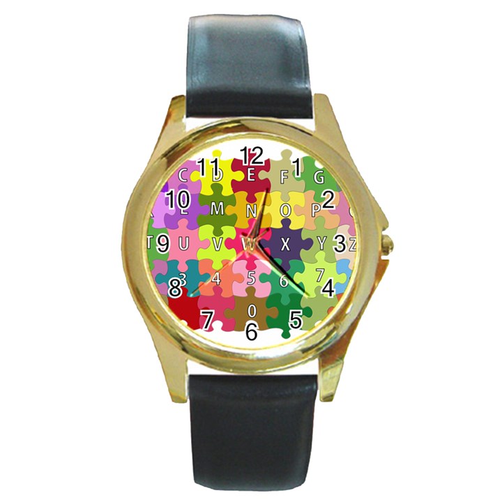 Puzzle Part Letters Abc Education Round Gold Metal Watch