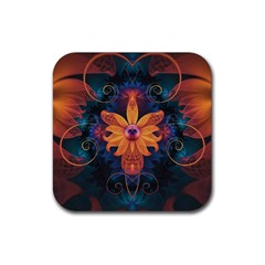 Beautiful Fiery Orange & Blue Fractal Orchid Flower Rubber Coaster (square)  by jayaprime