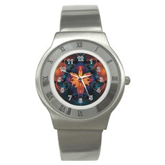 Beautiful Fiery Orange & Blue Fractal Orchid Flower Stainless Steel Watch by jayaprime