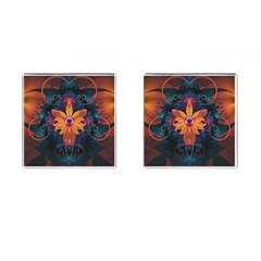 Beautiful Fiery Orange & Blue Fractal Orchid Flower Cufflinks (square) by jayaprime